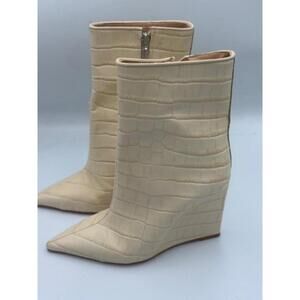 SCHUTZ CREAM ASAYA CROC LEATHER POINTED TOE BOOTS WEDGE Sz 7